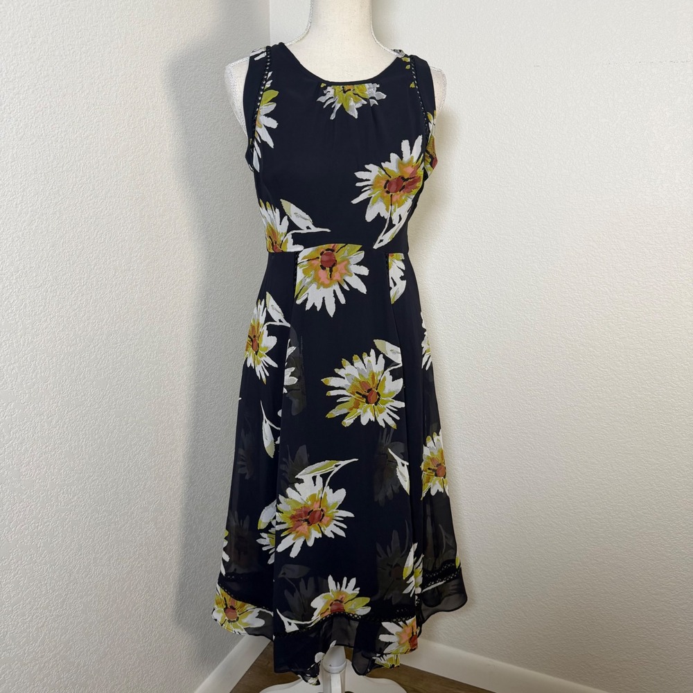 Just Taylor Midi Dress Womens 2 Navy Blue Daisy Floral Fit & Flare Chiffon Trim